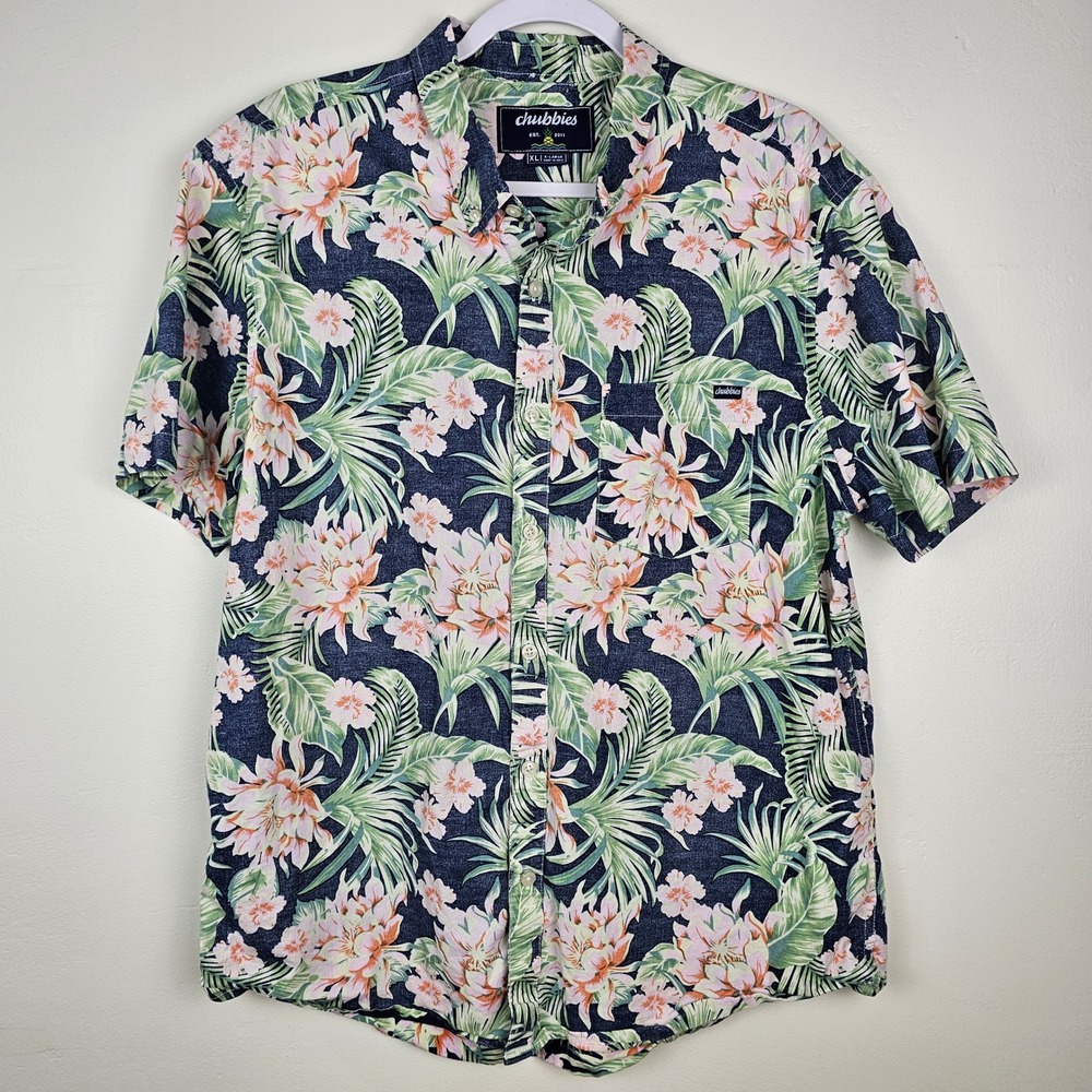 Chubbies Button Down Shirt Men XL Blue Floral Tropical Short Sleeve Stretch